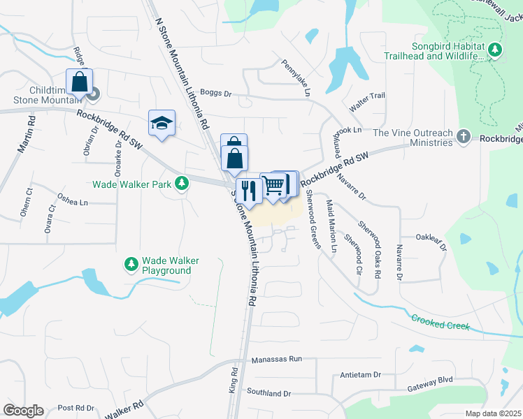 map of restaurants, bars, coffee shops, grocery stores, and more near 5727 Rockbridge Road Southwest in Stone Mountain