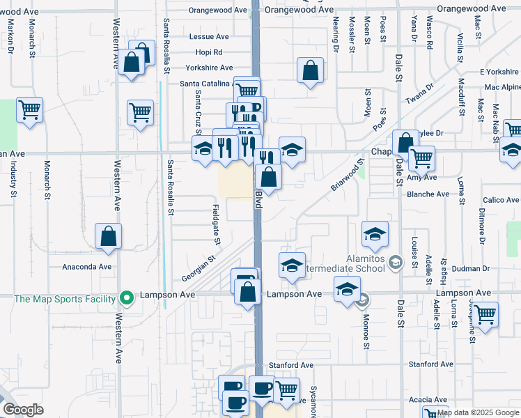 map of restaurants, bars, coffee shops, grocery stores, and more near 12200 Beach Boulevard in Stanton