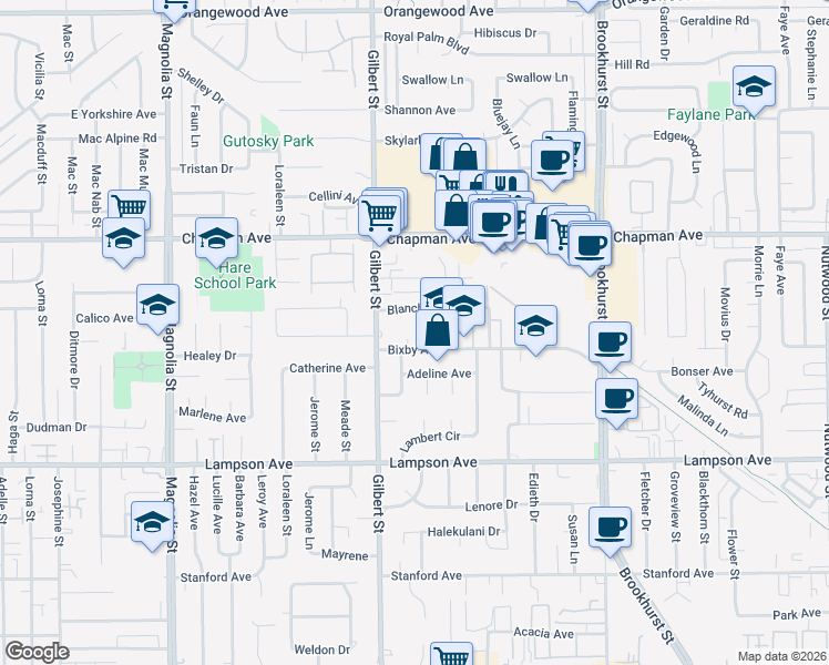 map of restaurants, bars, coffee shops, grocery stores, and more near 9572 Blanche Avenue in Garden Grove