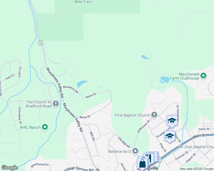map of restaurants, bars, coffee shops, grocery stores, and more near 100 Daphne Road in Springville
