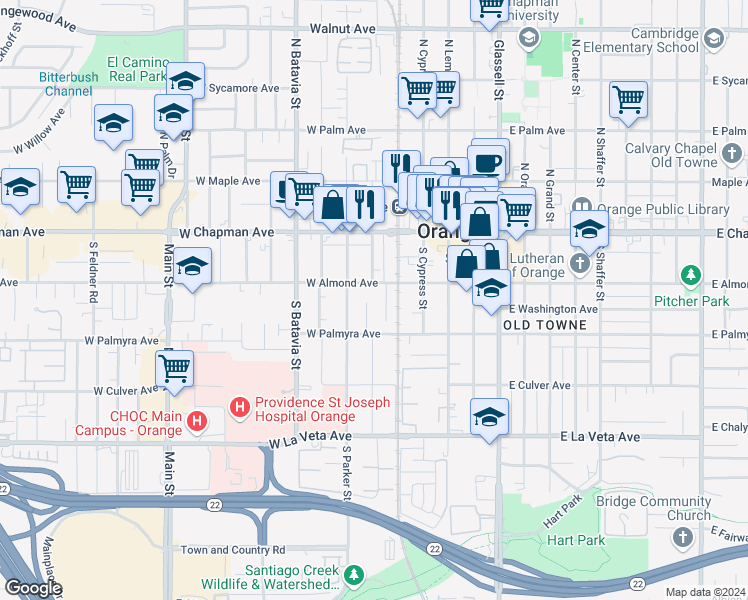 map of restaurants, bars, coffee shops, grocery stores, and more near 235 South Pixley Street in Orange