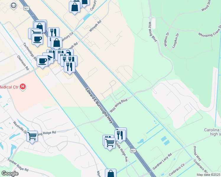 map of restaurants, bars, coffee shops, grocery stores, and more near 2515 U.S. 501 in Conway