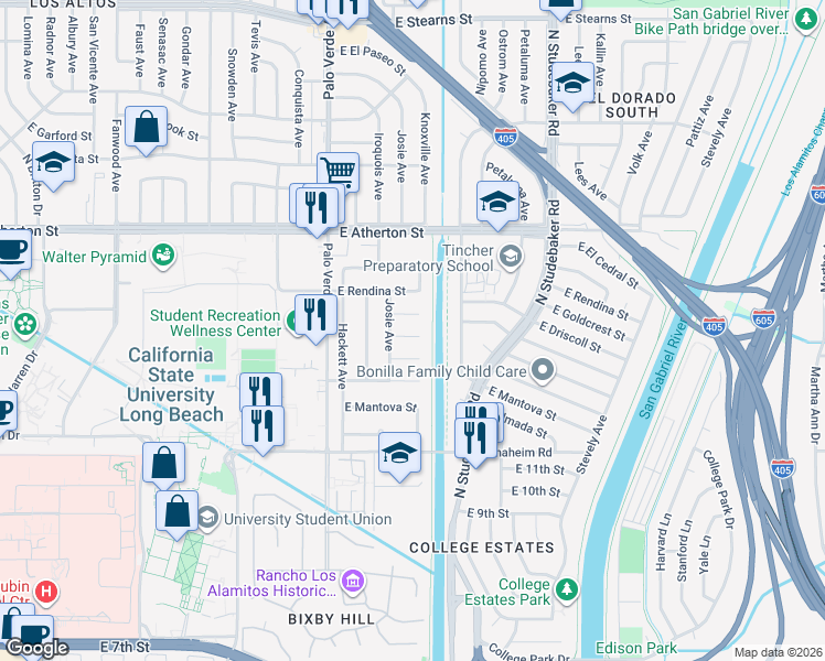 map of restaurants, bars, coffee shops, grocery stores, and more near 6531 East Espanita Street in Long Beach