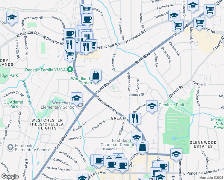 map of restaurants, bars, coffee shops, grocery stores, and more near 25 High Gate Trail in Decatur