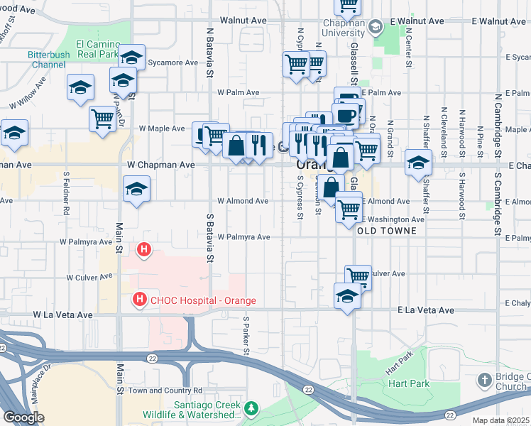 map of restaurants, bars, coffee shops, grocery stores, and more near 235 South Pixley Street in Orange