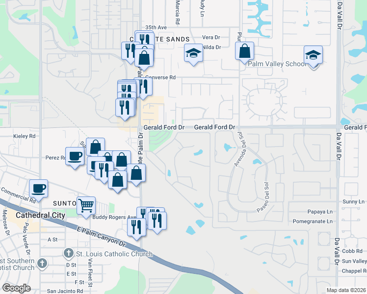 map of restaurants, bars, coffee shops, grocery stores, and more near 180 Orontes Way in Cathedral City