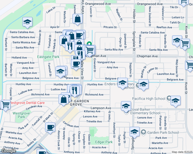 map of restaurants, bars, coffee shops, grocery stores, and more near 12202 Emerald Street in Garden Grove