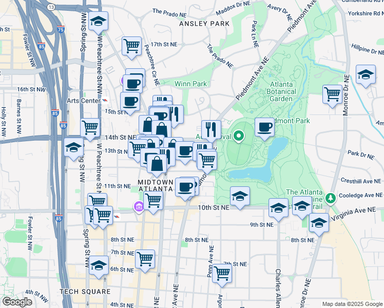 map of restaurants, bars, coffee shops, grocery stores, and more near 253 14th Street Northeast in Atlanta