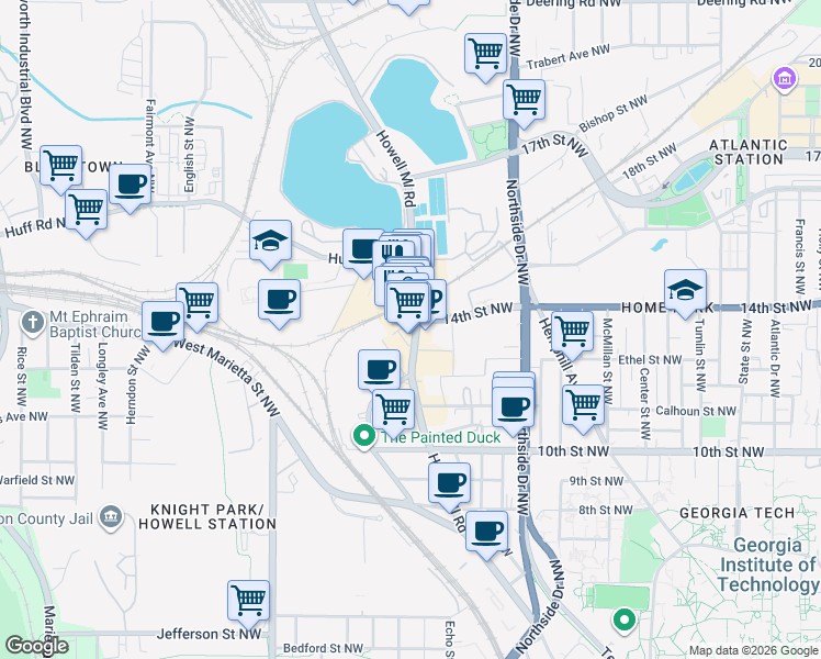 map of restaurants, bars, coffee shops, grocery stores, and more near 1170 Howell Mill Road in Atlanta