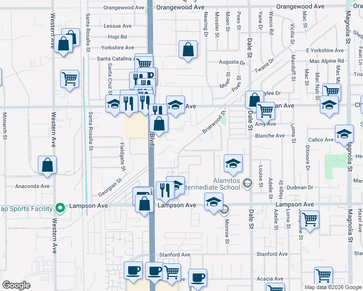 map of restaurants, bars, coffee shops, grocery stores, and more near 8111 Briarwood Street in Stanton