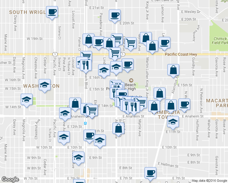 map of restaurants, bars, coffee shops, grocery stores, and more near 1491 Atlantic Avenue in Long Beach