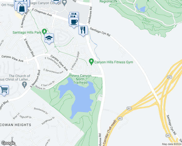 map of restaurants, bars, coffee shops, grocery stores, and more near 211 South Grisly Canyon Drive in Orange