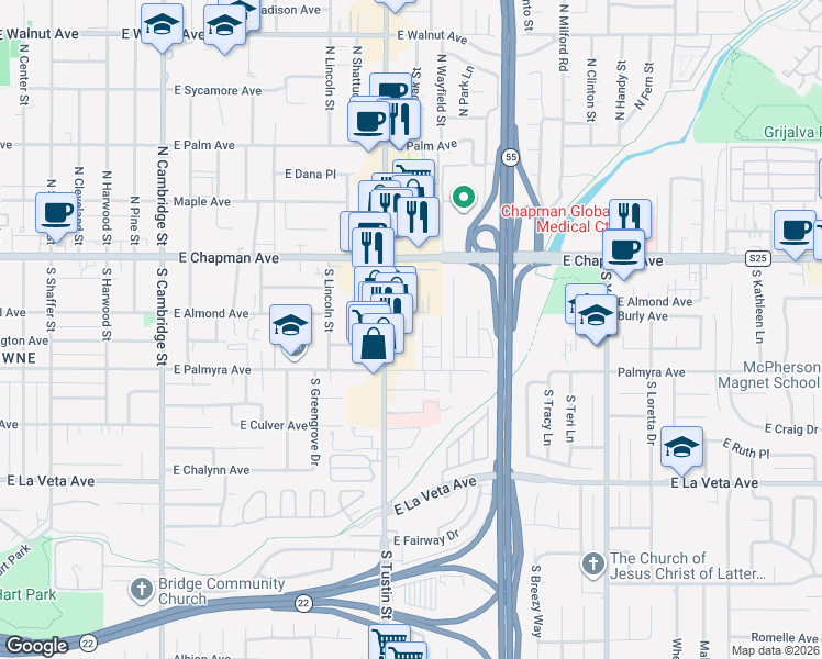 map of restaurants, bars, coffee shops, grocery stores, and more near 201 South Oak Street in Orange