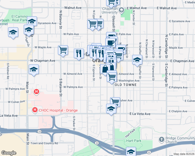 map of restaurants, bars, coffee shops, grocery stores, and more near 416 West Almond Avenue in Orange