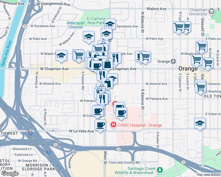 map of restaurants, bars, coffee shops, grocery stores, and more near 207 South Main Street in Orange