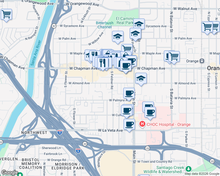 map of restaurants, bars, coffee shops, grocery stores, and more near 210 South Castle Circle in Orange