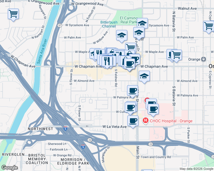 map of restaurants, bars, coffee shops, grocery stores, and more near 210 South Castle Circle in Orange