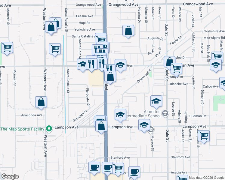 map of restaurants, bars, coffee shops, grocery stores, and more near 692 Park Plaza in Stanton
