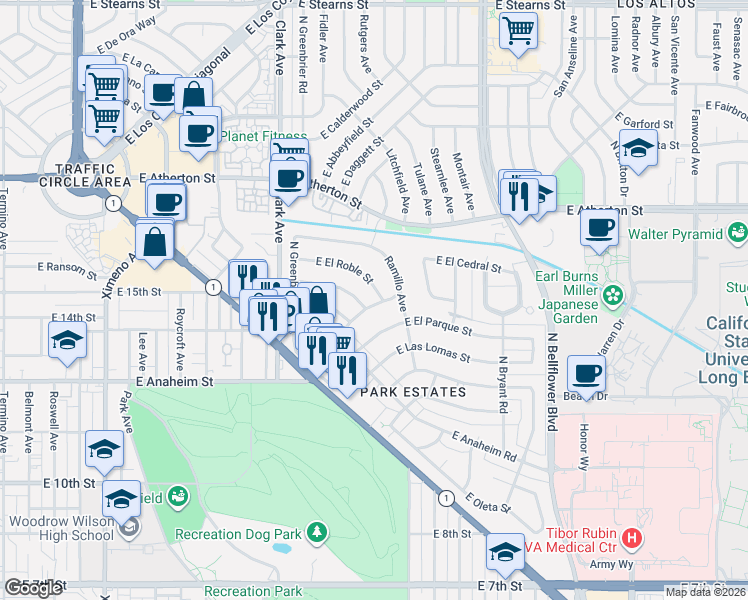 map of restaurants, bars, coffee shops, grocery stores, and more near 5311 East El Roble Street in Long Beach