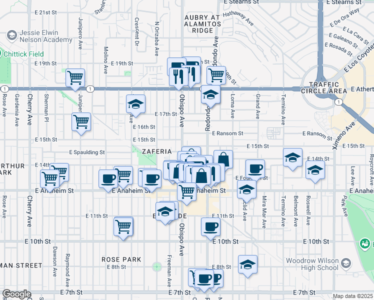 map of restaurants, bars, coffee shops, grocery stores, and more near 3249 East 15th Street in Long Beach