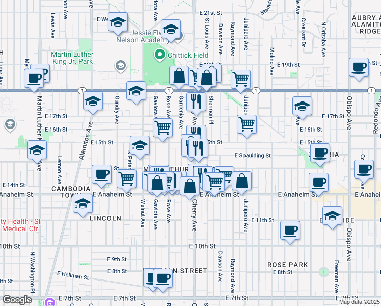 map of restaurants, bars, coffee shops, grocery stores, and more near 1478 Gardenia Avenue in Long Beach