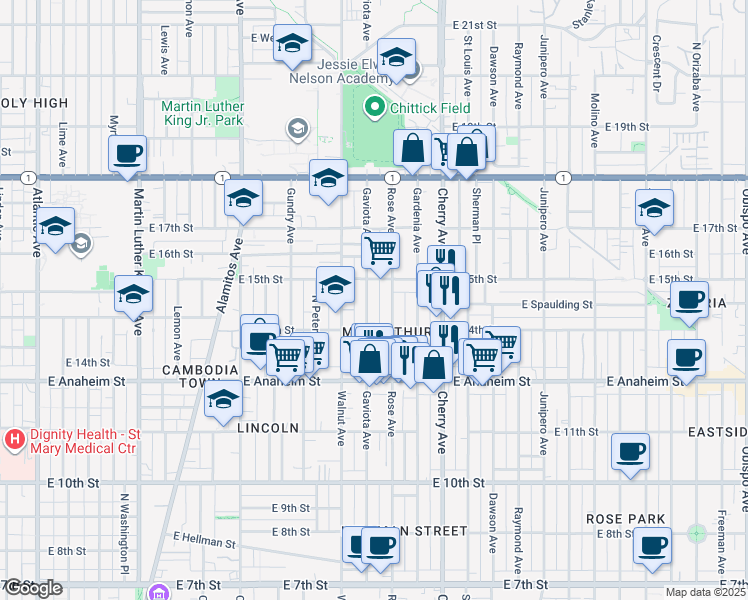 map of restaurants, bars, coffee shops, grocery stores, and more near 1483 Rose Avenue in Long Beach