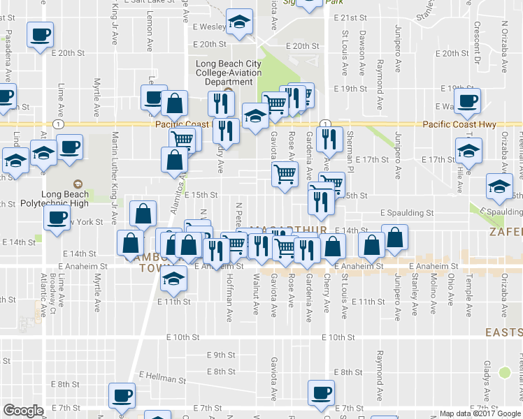 map of restaurants, bars, coffee shops, grocery stores, and more near in Long Beach