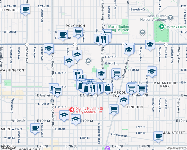 map of restaurants, bars, coffee shops, grocery stores, and more near 834 East 15th Street in Long Beach