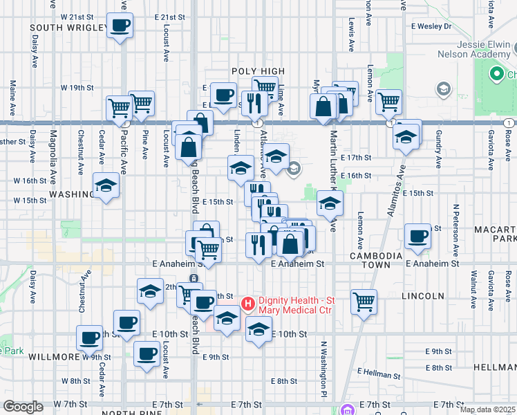 map of restaurants, bars, coffee shops, grocery stores, and more near 1535 Atlantic Avenue in Long Beach