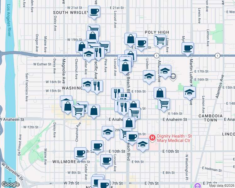 map of restaurants, bars, coffee shops, grocery stores, and more near 1532 Locust Avenue in Long Beach