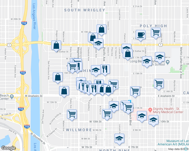map of restaurants, bars, coffee shops, grocery stores, and more near 1497 Cedar Avenue in Long Beach