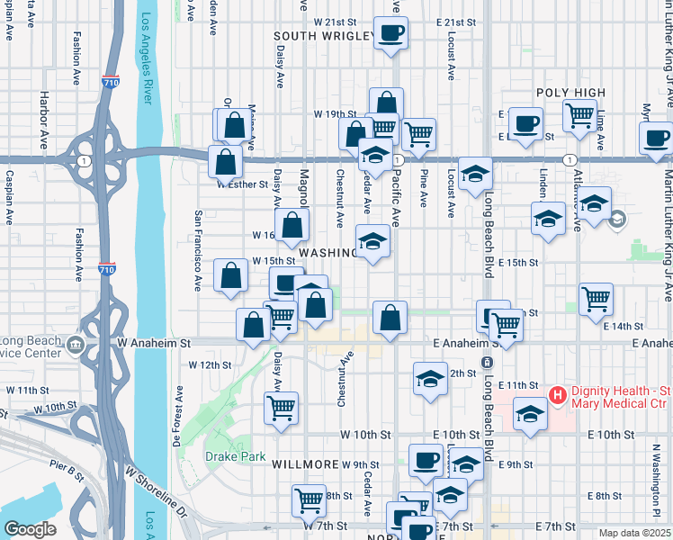 map of restaurants, bars, coffee shops, grocery stores, and more near 1486 Henderson Avenue in Long Beach