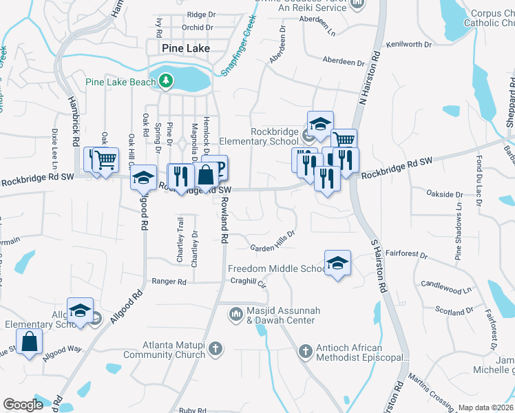 map of restaurants, bars, coffee shops, grocery stores, and more near 413 Prince of Wales in Stone Mountain