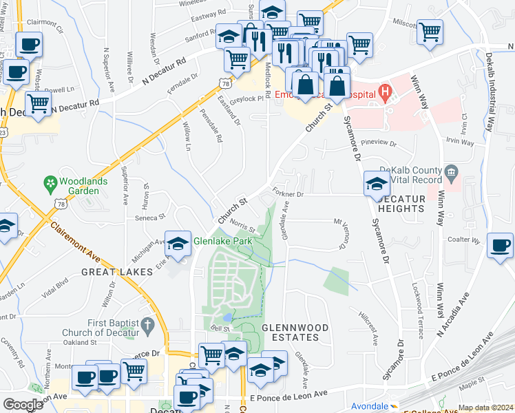 map of restaurants, bars, coffee shops, grocery stores, and more near 5 Knob Hills Circle in Decatur
