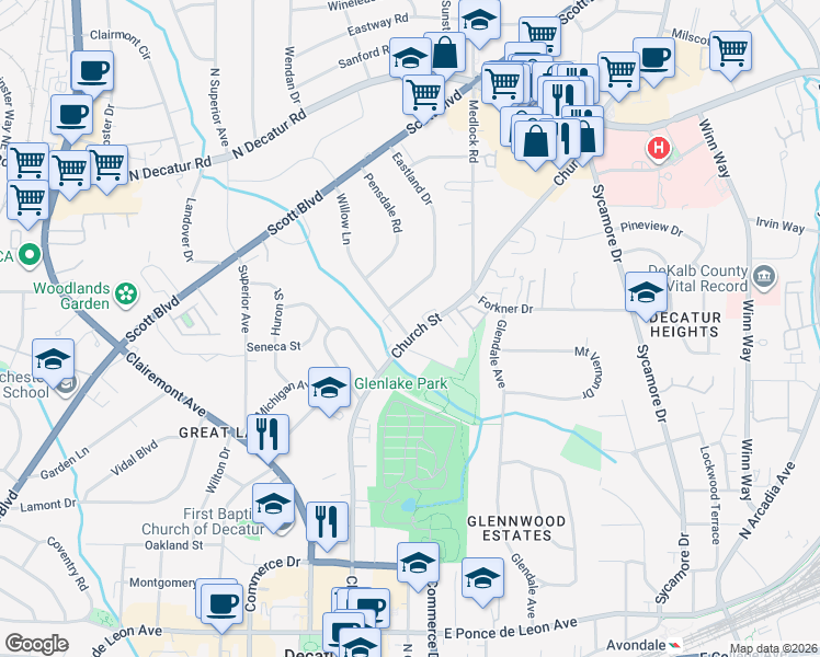 map of restaurants, bars, coffee shops, grocery stores, and more near 1210 Church Street in Decatur