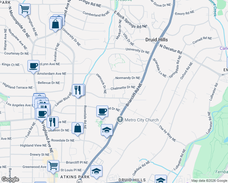 map of restaurants, bars, coffee shops, grocery stores, and more near 1336 Chalmette Drive Northeast in Atlanta
