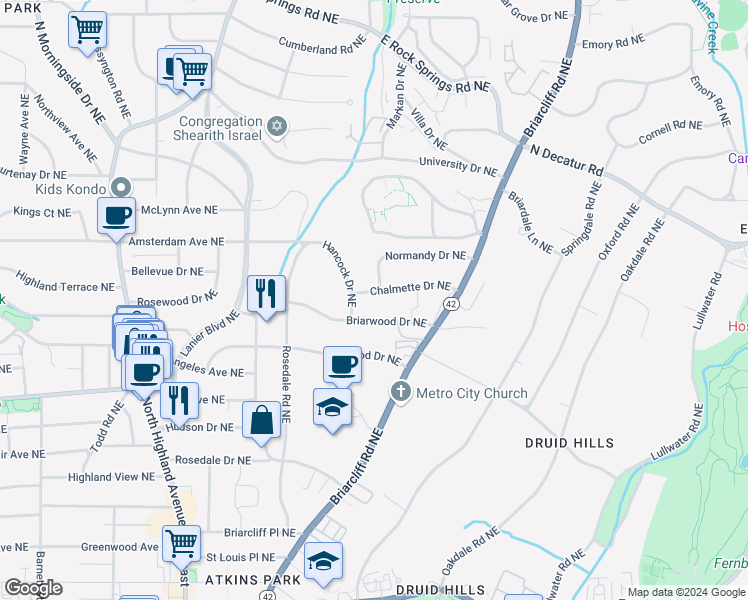 map of restaurants, bars, coffee shops, grocery stores, and more near 1149 Hancock Drive Northeast in Atlanta