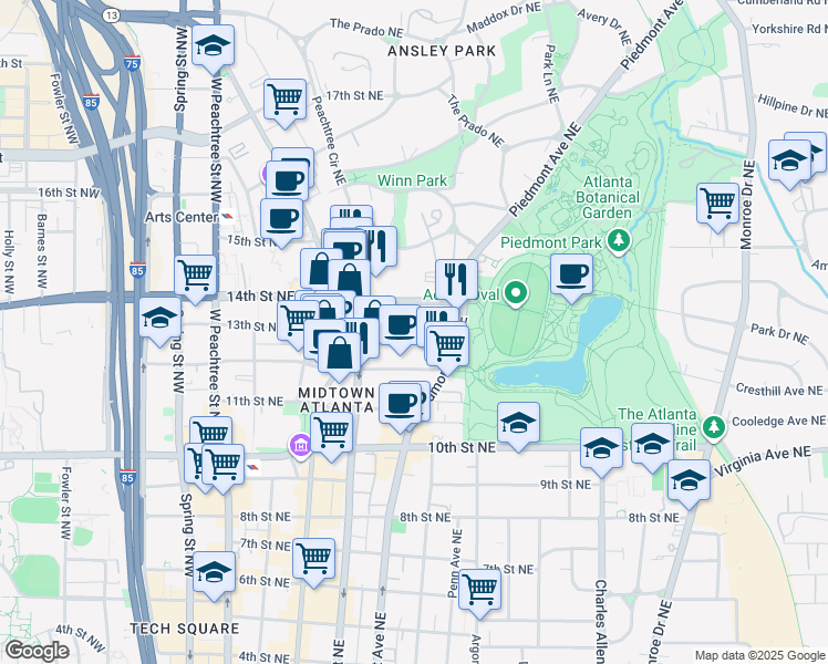 map of restaurants, bars, coffee shops, grocery stores, and more near 253 14th Street Northeast in Atlanta