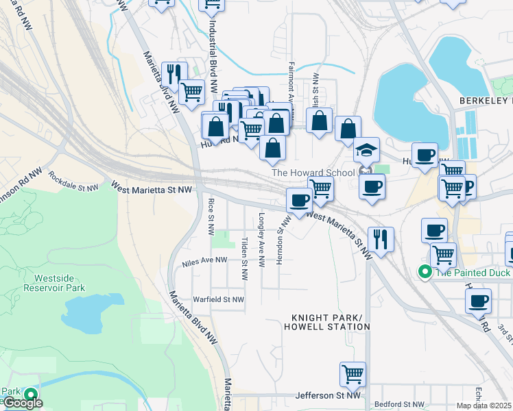 map of restaurants, bars, coffee shops, grocery stores, and more near 1079 West Marietta Street Northwest in Atlanta