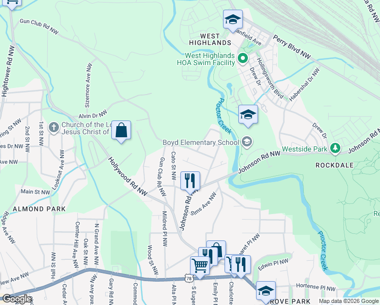 map of restaurants, bars, coffee shops, grocery stores, and more near 2060 Ruth Street Northwest in Atlanta