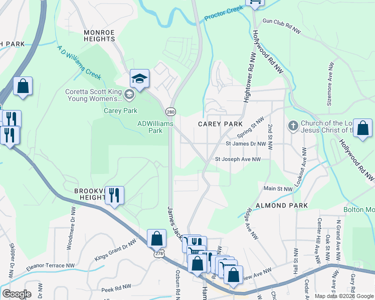 map of restaurants, bars, coffee shops, grocery stores, and more near in Atlanta