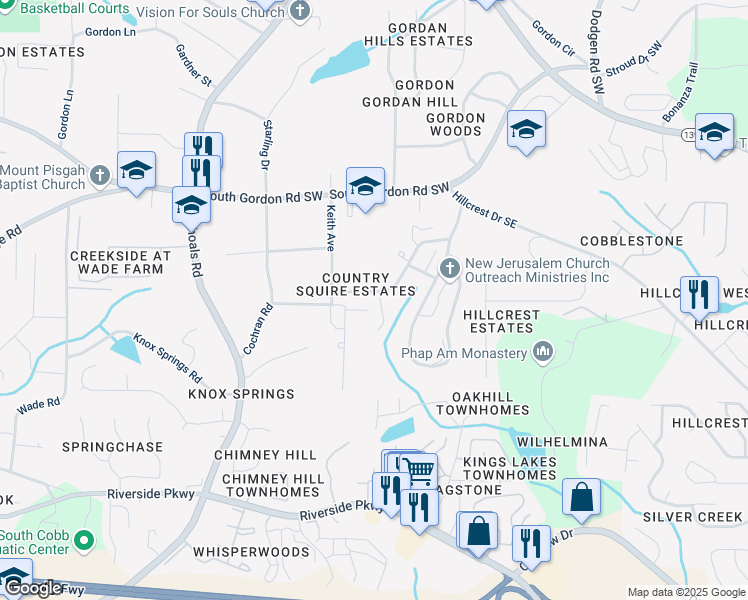 map of restaurants, bars, coffee shops, grocery stores, and more near 6914 Fairway Trail in Austell