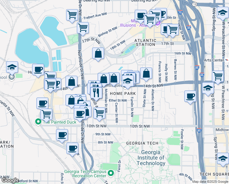 map of restaurants, bars, coffee shops, grocery stores, and more near 1124 Center Street Northwest in Atlanta