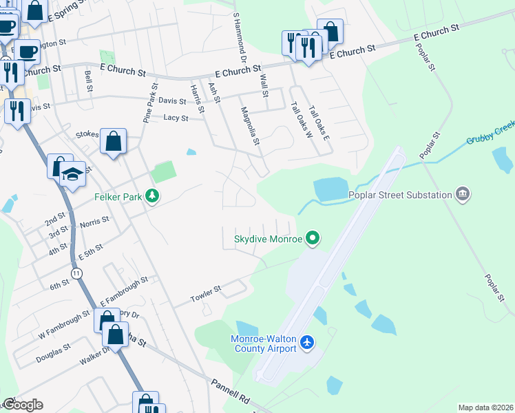 map of restaurants, bars, coffee shops, grocery stores, and more near 721 West Creek Circle in Monroe