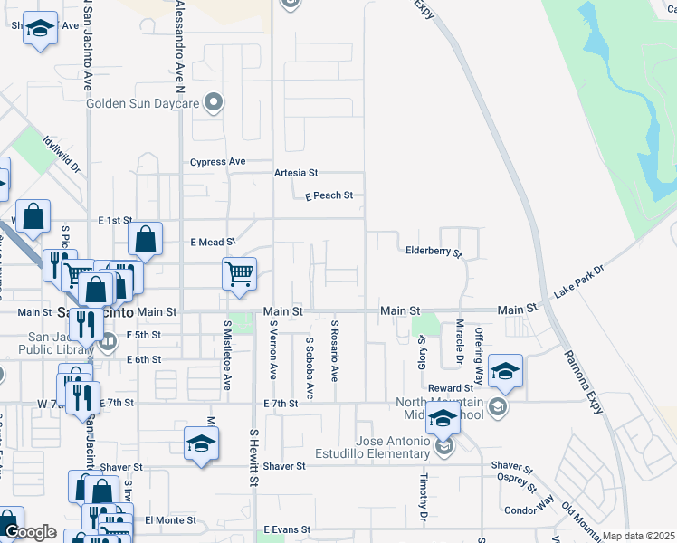 map of restaurants, bars, coffee shops, grocery stores, and more near 655 East Main Street in San Jacinto