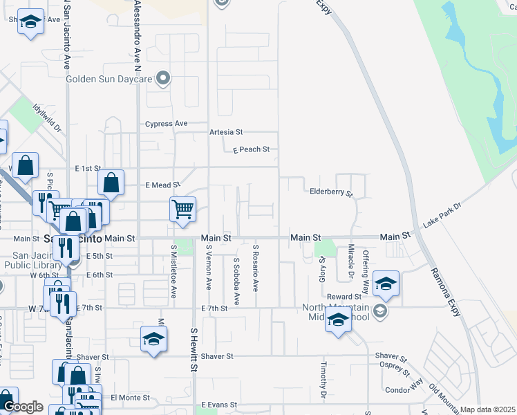 map of restaurants, bars, coffee shops, grocery stores, and more near 665 East Main Street in San Jacinto