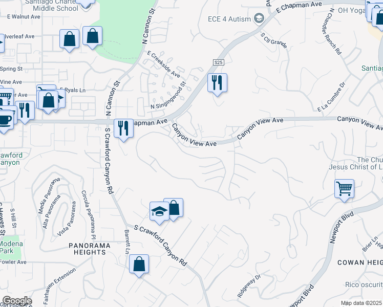 map of restaurants, bars, coffee shops, grocery stores, and more near 6033 East Rocking Horse Way in Orange