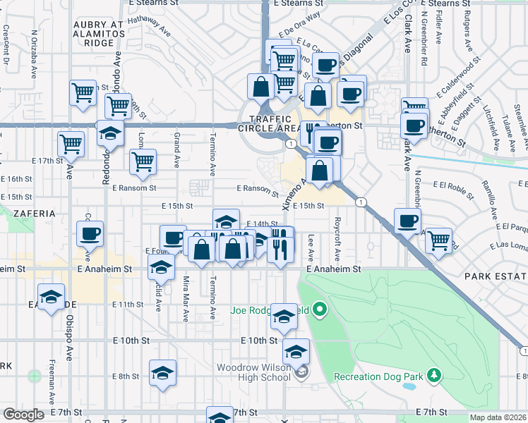 map of restaurants, bars, coffee shops, grocery stores, and more near 4240 East 15th Street in Long Beach
