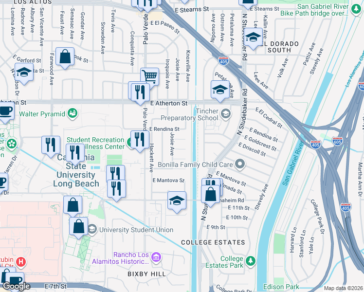 map of restaurants, bars, coffee shops, grocery stores, and more near 6531 East Espanita Street in Long Beach