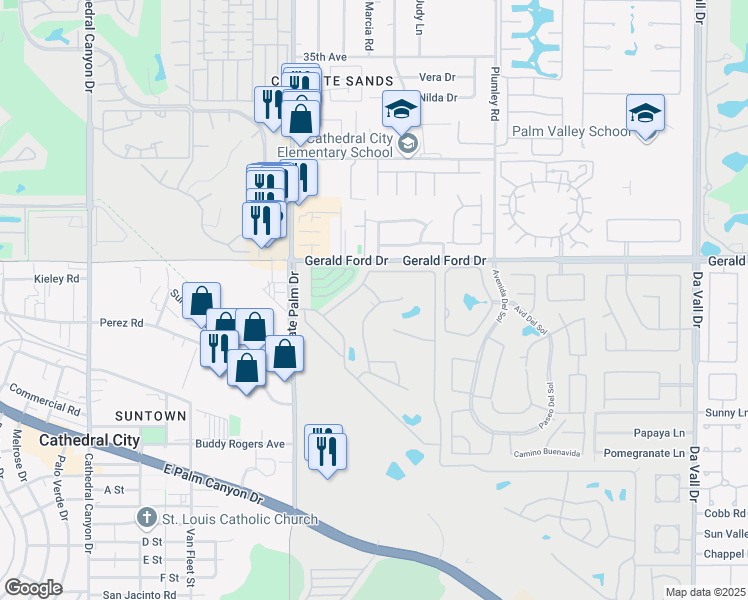 map of restaurants, bars, coffee shops, grocery stores, and more near 199 Avenue Orontes in Cathedral City